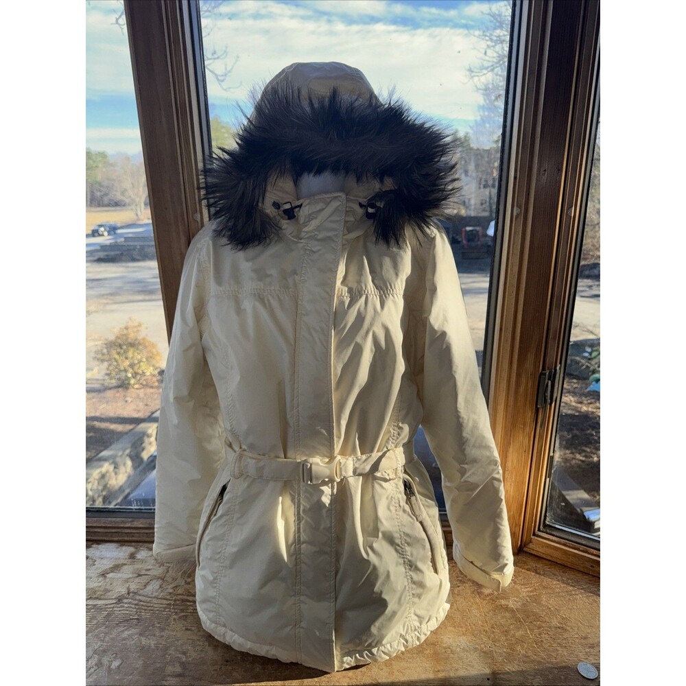 Vtg Lands' End Womens goose Down Hooded Jacket Small Ivory Removable Belt fur
